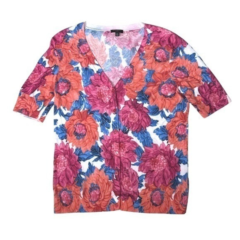 Talbots Petites Pink Floral Short Sleeve V-Neck Button Cardigan Sweater SP